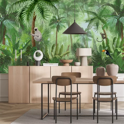 Fotobehang Tropische groene junglevegetatie met dieren
