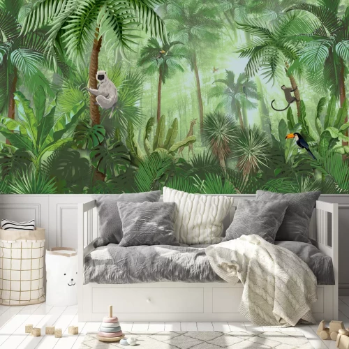 Fotobehang Tropische groene junglevegetatie met dieren