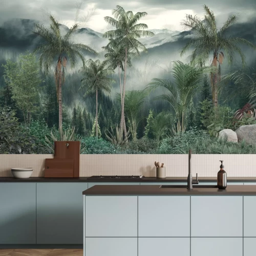 Fotobehang Palmbomen en coniferen in een groen tropisch landschap