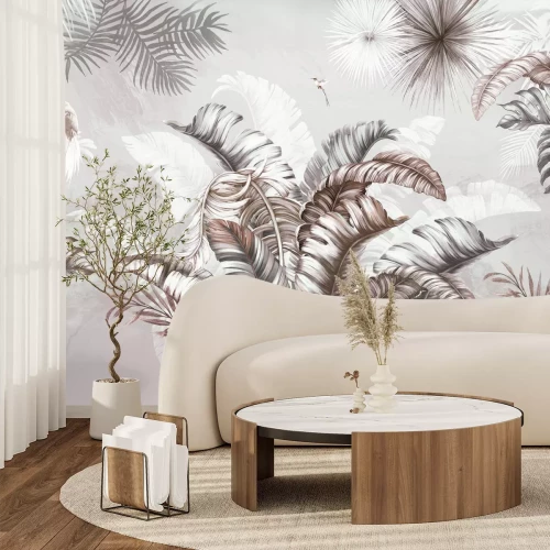 Fotobehang Tropische vogels en bladeren op een subtiel gestructureerde achtergrond