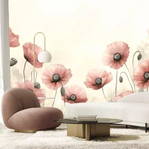 Fotobehang Delicate rode klaprozen in aquarelstijl