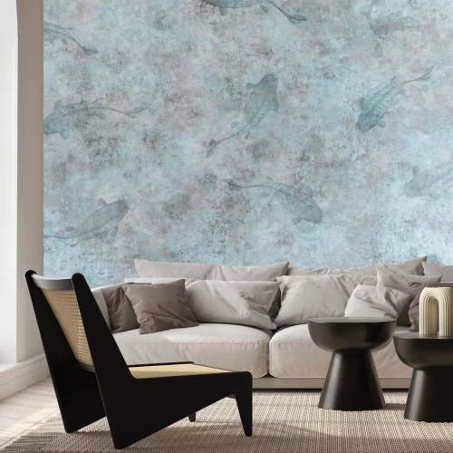 Fotobehang Grijsblauwe beton- en minimalistische vissilhouetten