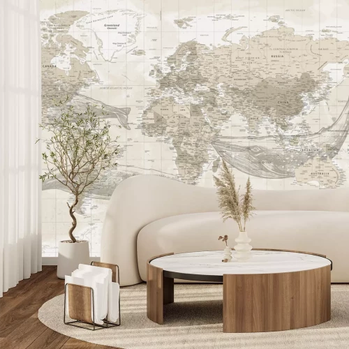 Fotobehang Vintage wereldkaart met walvissen