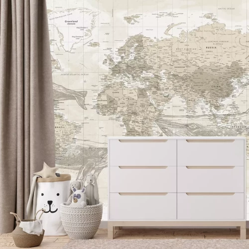 Fotobehang Vintage wereldkaart met walvissen