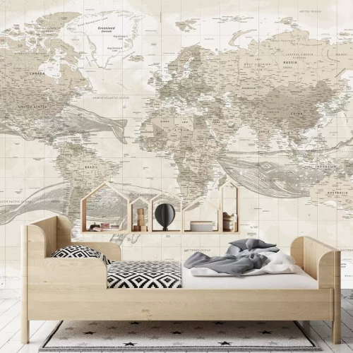 Fotobehang Vintage wereldkaart met walvissen
