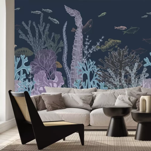 Fotobehang Een minimalistisch patroon met vissen en een kleurrijk koraalrif.