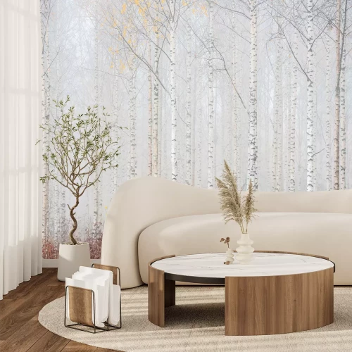 Fotobehang Subtiele mist in het berkenlandschap
