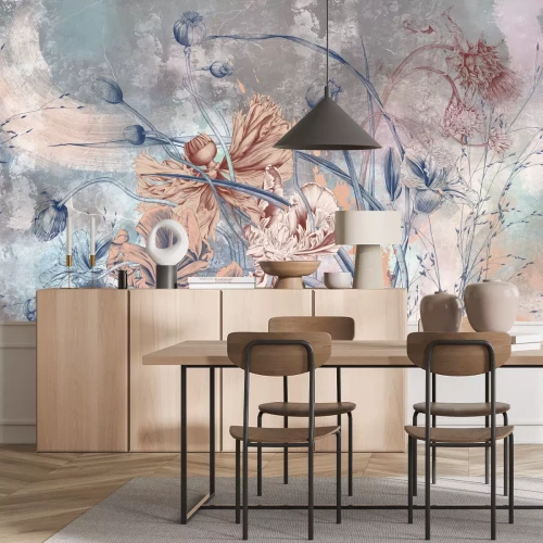 Fotobehang Klaprozen met wilde bloemen op een betonnen achtergrond in industriële stijl