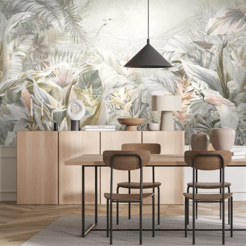 Fotobehang Exotische bloemen en vogels in een aquarel van een tropische jungle