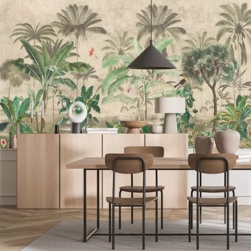 Fotobehang Vogels tussen tropische planten in een exotisch bos