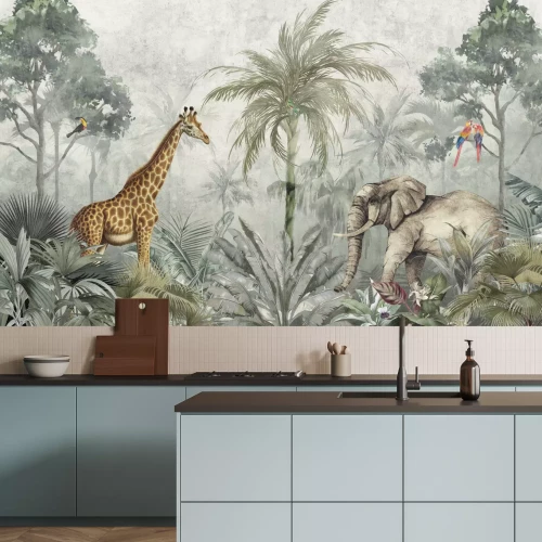 Fotobehang Exotische dieren in een groene aquareljungle