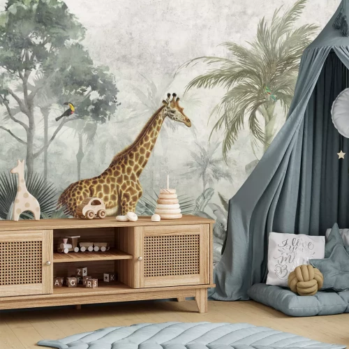 Fotobehang Exotische dieren in een groene aquareljungle