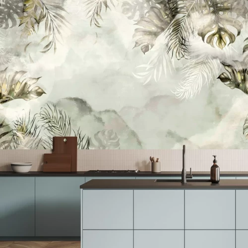 Fotobehang Waterverfmotief van tropische bladeren op een groene achtergrond