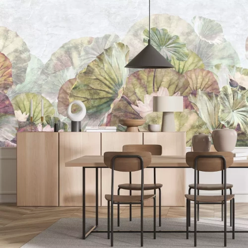 Fotobehang Botanisch patroon met waterlelies en groene bladeren