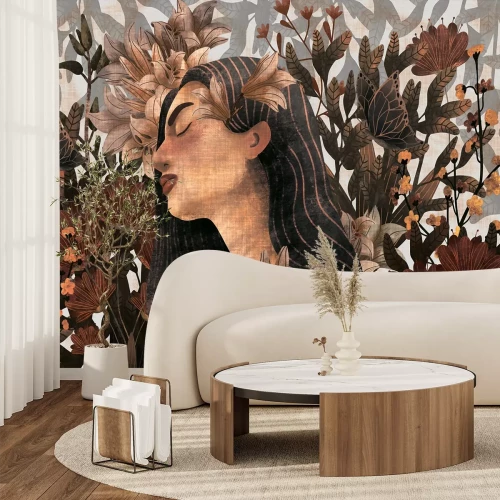 Fotobehang Een sensuele vrouw omringd door bloemen