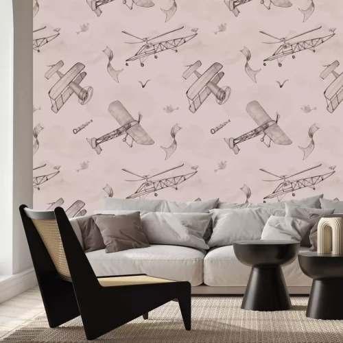 Fotobehang Vintage vliegtuigen en verrekijkers in beige kleuren