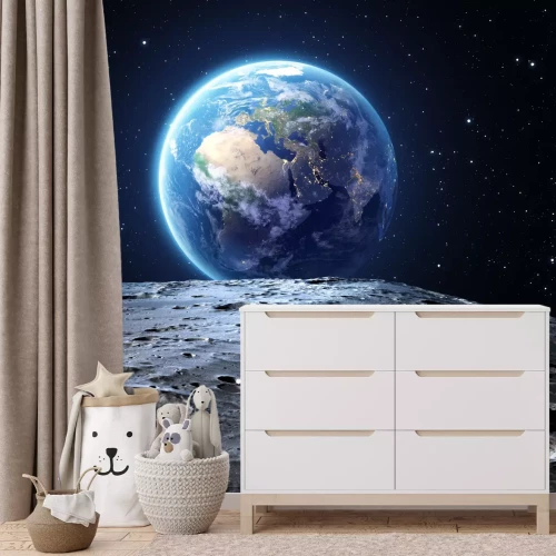 Fotobehang Een ruimtelandschap met uitzicht op de aarde