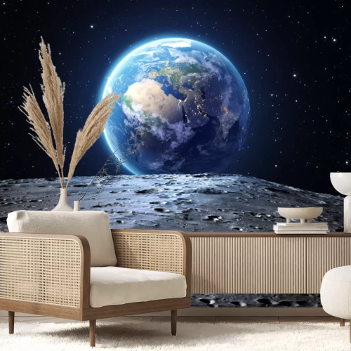 Fotobehang Een ruimtelandschap met uitzicht op de aarde