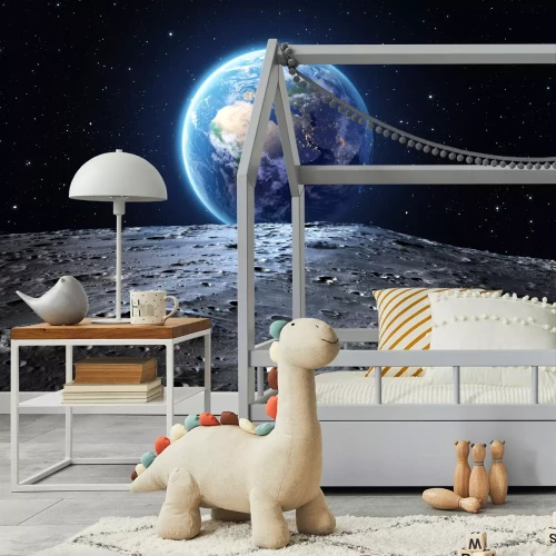 Fotobehang Een ruimtelandschap met uitzicht op de aarde