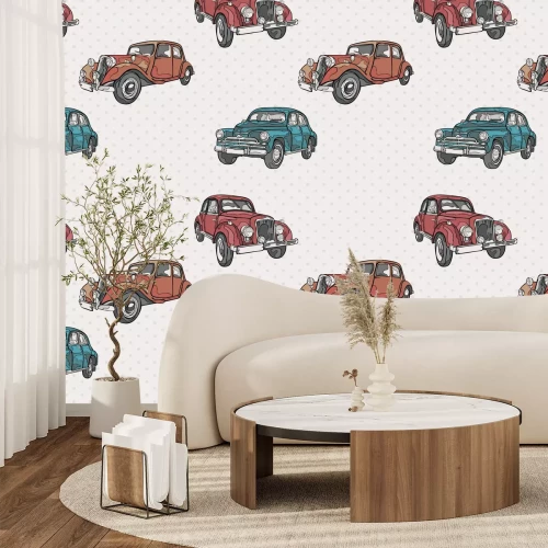 Fotobehang Retro-auto&#39;s op een minimalistische stippenachtergrond