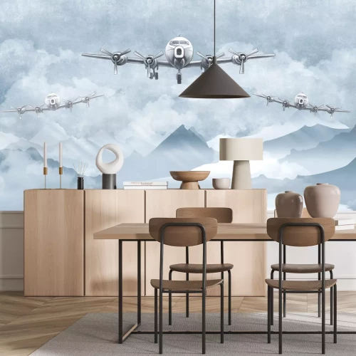 Fotobehang Vliegtuigen en berglandschap in tinten blauw