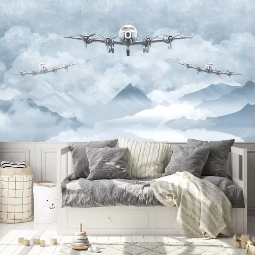 Fotobehang Vliegtuigen en berglandschap in tinten blauw