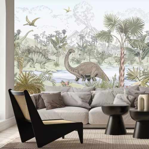 Fotobehang Aquarellandschap met dinosaurussen in een tropische jungle