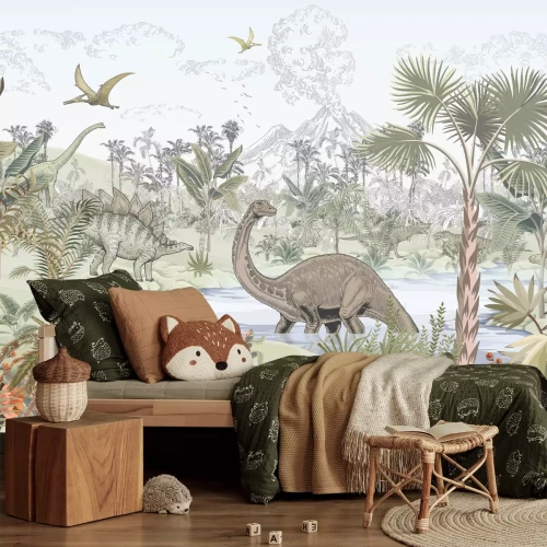 Fotobehang Aquarellandschap met dinosaurussen in een tropische jungle