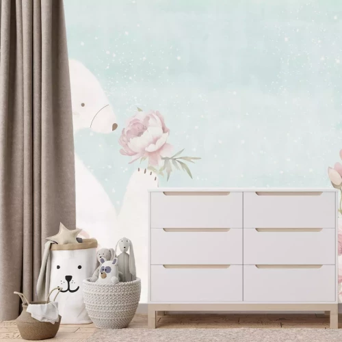 Fotobehang Teddybeer en roze bloemen op een blauwe achtergrond in aquarelstijl