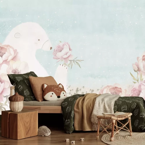 Fotobehang Teddybeer en roze bloemen op een blauwe achtergrond in aquarelstijl