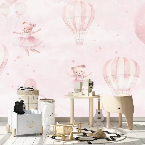 Fotobehang Schattige teddyberen met ballonnen in een pastelroze lucht