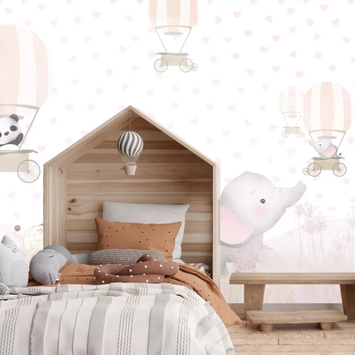 Fotobehang Kinderpatroon met ballonnen, roze bloemen en dieren