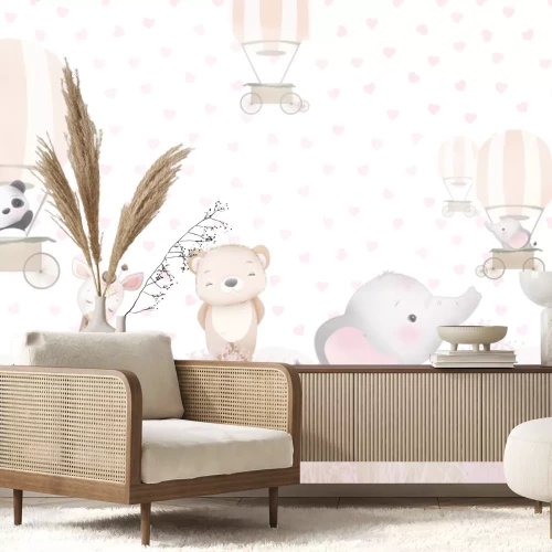 Fotobehang Kinderpatroon met ballonnen, roze bloemen en dieren