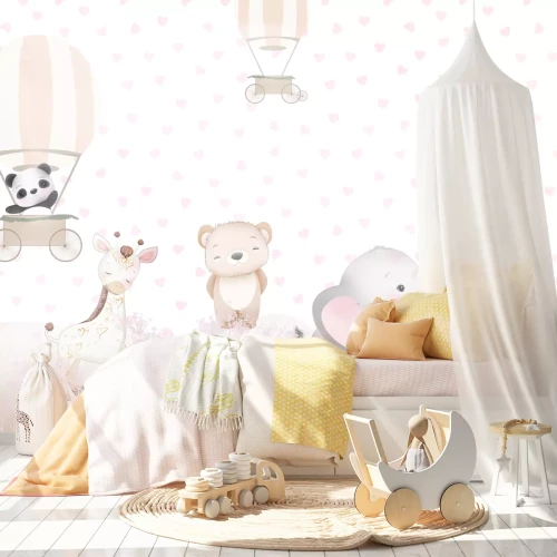 Fotobehang Kinderpatroon met ballonnen, roze bloemen en dieren