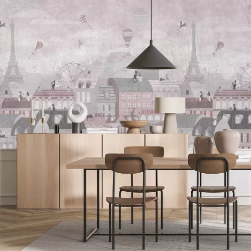 Fotobehang Een sprookjesstad met katjes, ballonnen en vliegers