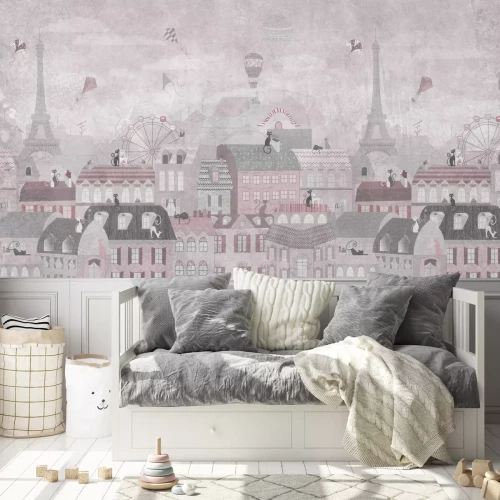 Fotobehang Een sprookjesstad met katjes, ballonnen en vliegers