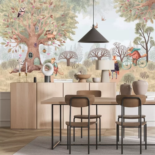 Fotobehang Een schilderachtig bos met aquarelachtige planten en dieren.