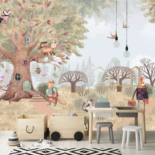 Fotobehang Een schilderachtig bos met aquarelachtige planten en dieren.