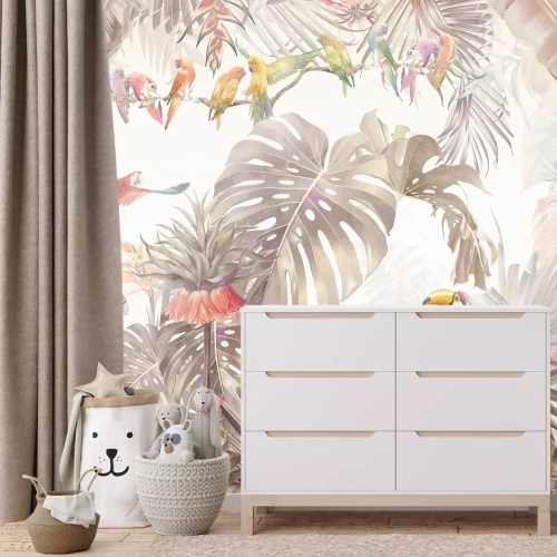 Fotobehang Tropische jungle met kleurrijke vogels en weelderige vegetatie