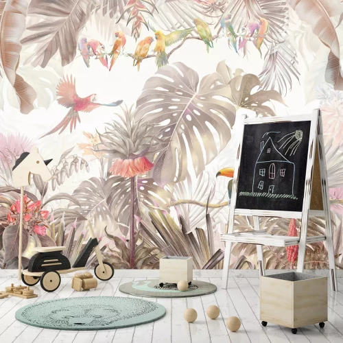 Fotobehang Tropische jungle met kleurrijke vogels en weelderige vegetatie