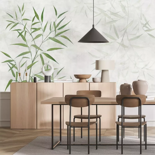 Fotobehang Een delicaat patroon met groene bamboe op een grijze achtergrond