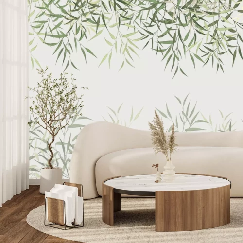 Fotobehang Groene bamboescheuten op een lichte achtergrond