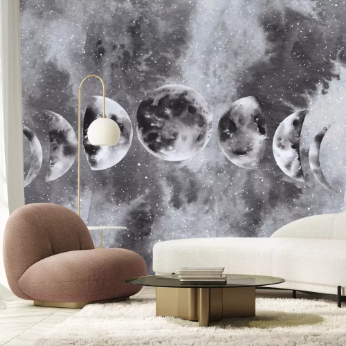 Fotobehang Aquarel maanfasen tegen de sterrenhemel