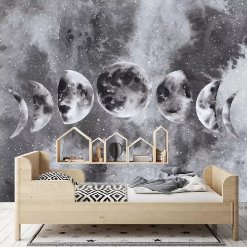 Fotobehang Aquarel maanfasen tegen de sterrenhemel