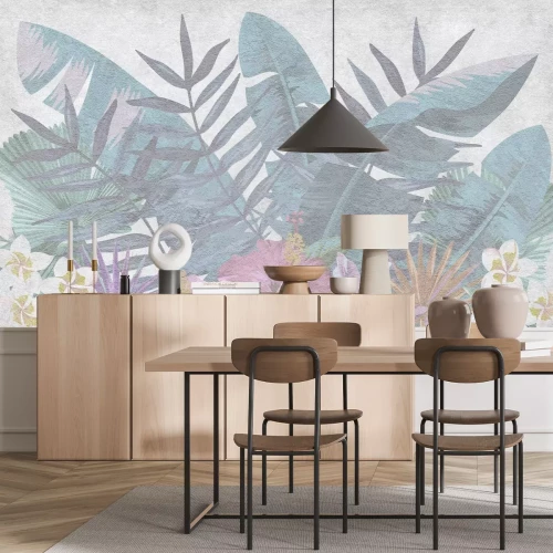 Fotobehang Bloemen en bladeren in delicate kleuren op een gestructureerde achtergrond