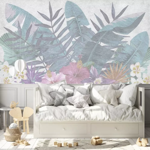 Fotobehang Bloemen en bladeren in delicate kleuren op een gestructureerde achtergrond