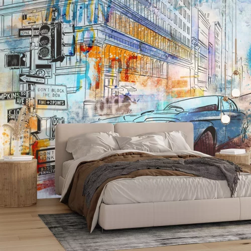 Fotobehang Een auto in de stad beschilderd met waterverf, een illustratie van een jongeman