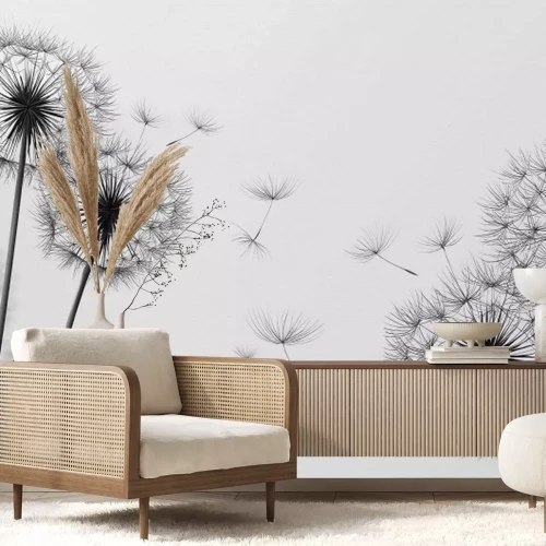 Fotobehang Zwarte paardenbloemen op een grijsachtige achtergrond