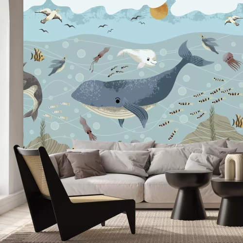 Fotobehang Sprookjesachtige illustratie van onderwaterleven met vissen voor kinderen