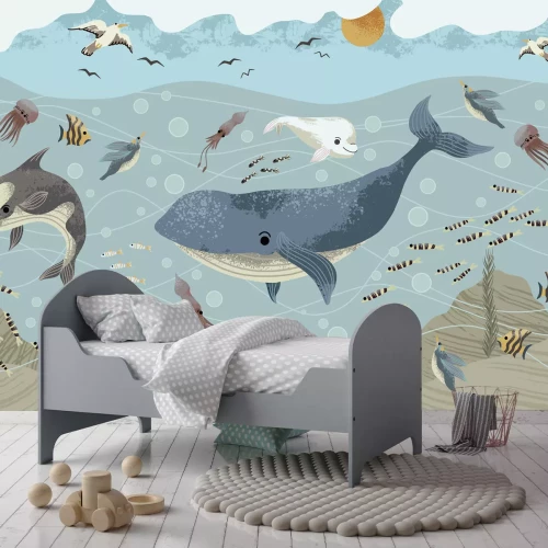 Fotobehang Sprookjesachtige illustratie van onderwaterleven met vissen voor kinderen